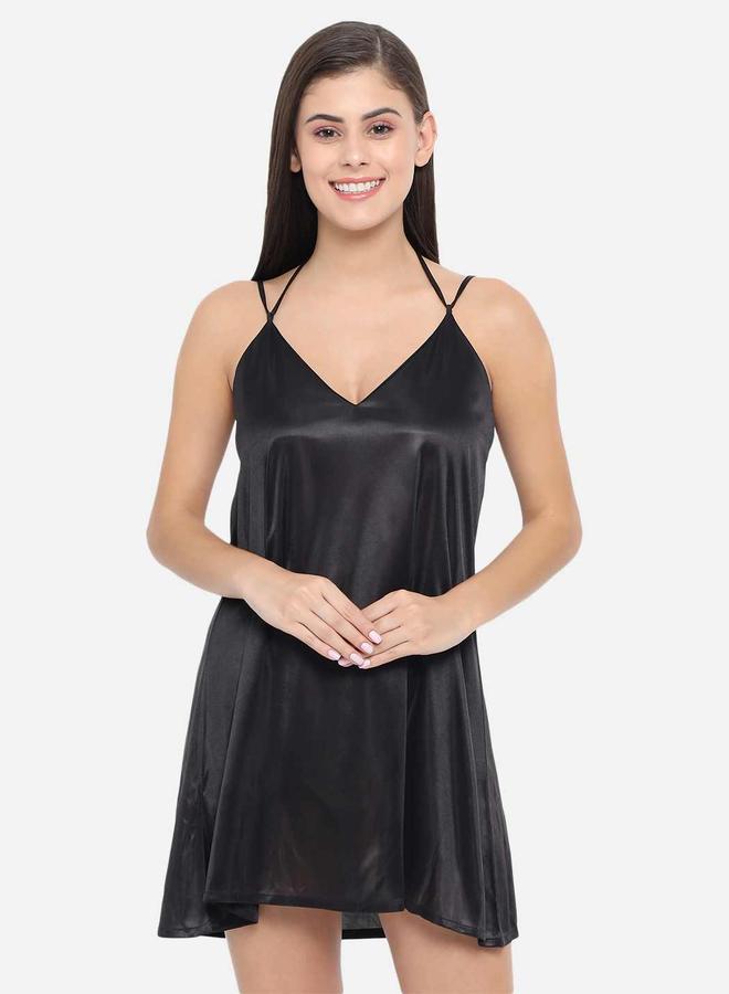 Take Two Solid V Neck Strappy Satin Babydoll By Klamotten - Image 3