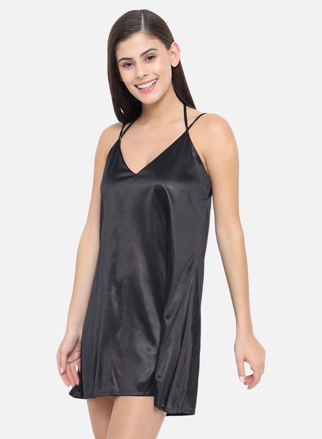 Take Two Solid V Neck Strappy Satin Babydoll By Klamotten - Image 5