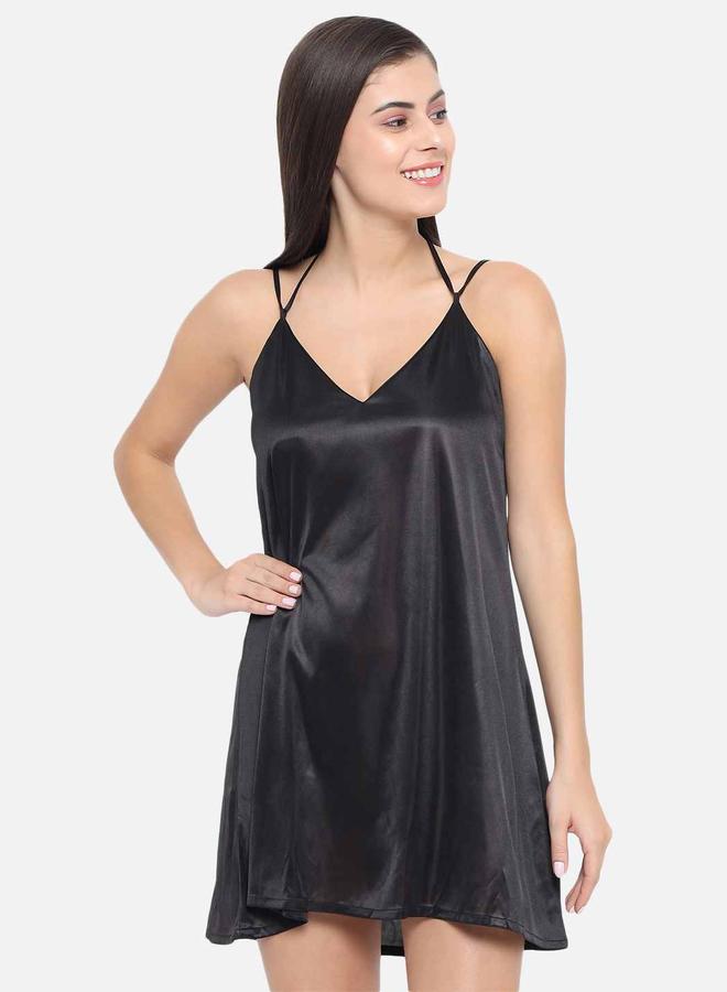 Take Two Solid V Neck Strappy Satin Babydoll By Klamotten - Image 4