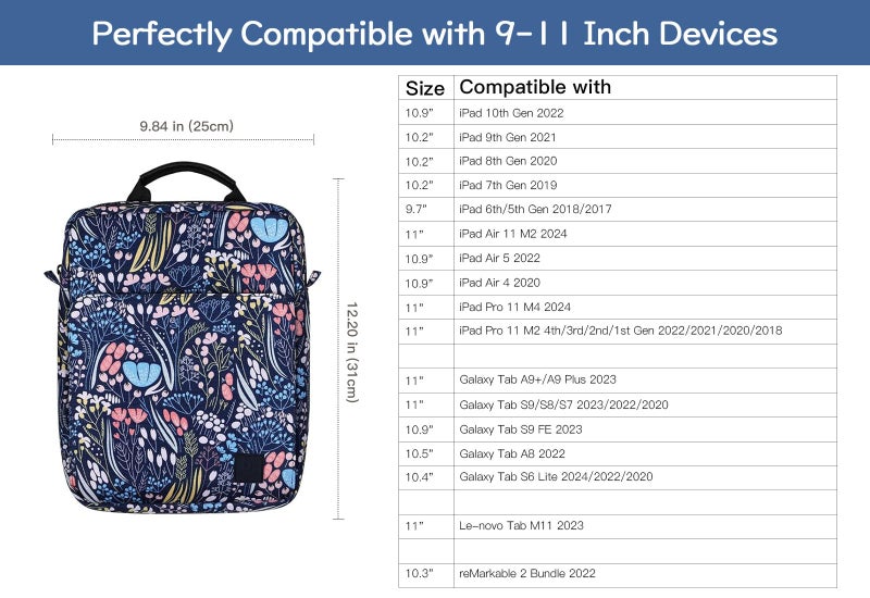 Dadanism Dadanism 9-11 Inch Tablet Sleeve Bag Carrying Case with Shoulder Strap for iPad 10th Gen 10.9", iPad 9/8/7th 10.2", iPad Air 11", iPad Pro 11", iPad Air 5/4, Galaxy Tab A9+ Plus 11", Night Blue  - Image 2