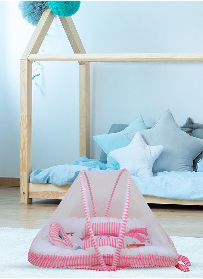 Superminis Baby Bed with Thick Mattress, Mosquito Net with Zip Closure And Neck Pillow, Baby Bedding for New Born, 0M+, Baby Sleeping Bed of 32 inch X 18 inch X 4 inch Size (Pink),Pack of 1  - Image 1