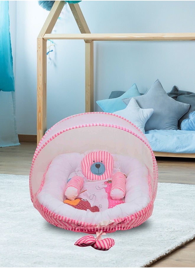 Superminis Baby Bed with Thick Mattress, Mosquito Net with Zip Closure And Neck Pillow, Baby Bedding for New Born, 0M+, Baby Sleeping Bed of 32 inch X 18 inch X 4 inch Size (Pink),Pack of 1  - Image 2
