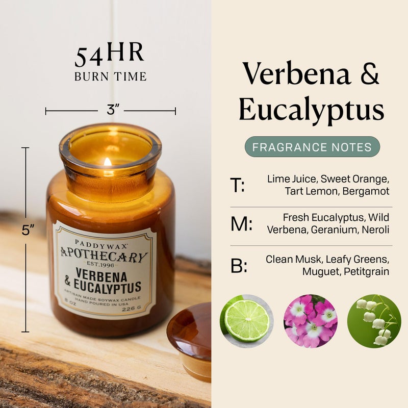 Paddywax Artisan Apothecary Scented Candle with Lid in Reusable Glass Jar, Clean-Burn Soy Candle with Approx. 54 Hour Burn Time, Verbena & Eucalyptus, 8 oz. - Image 2