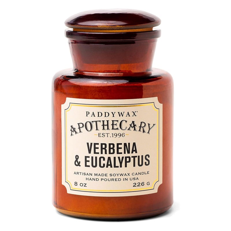 Paddywax Artisan Apothecary Scented Candle with Lid in Reusable Glass Jar, Clean-Burn Soy Candle with Approx. 54 Hour Burn Time, Verbena & Eucalyptus, 8 oz. - Image 1