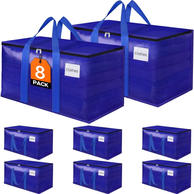 FabSpace 8 Pack Moving Storage Bags HeavyDuty with Zippers and Reinforced Handles Moving Supplies Packing Boxes for Moving Storing Saving Space Blue Plastic Storage Totes 93 L24 Gallon