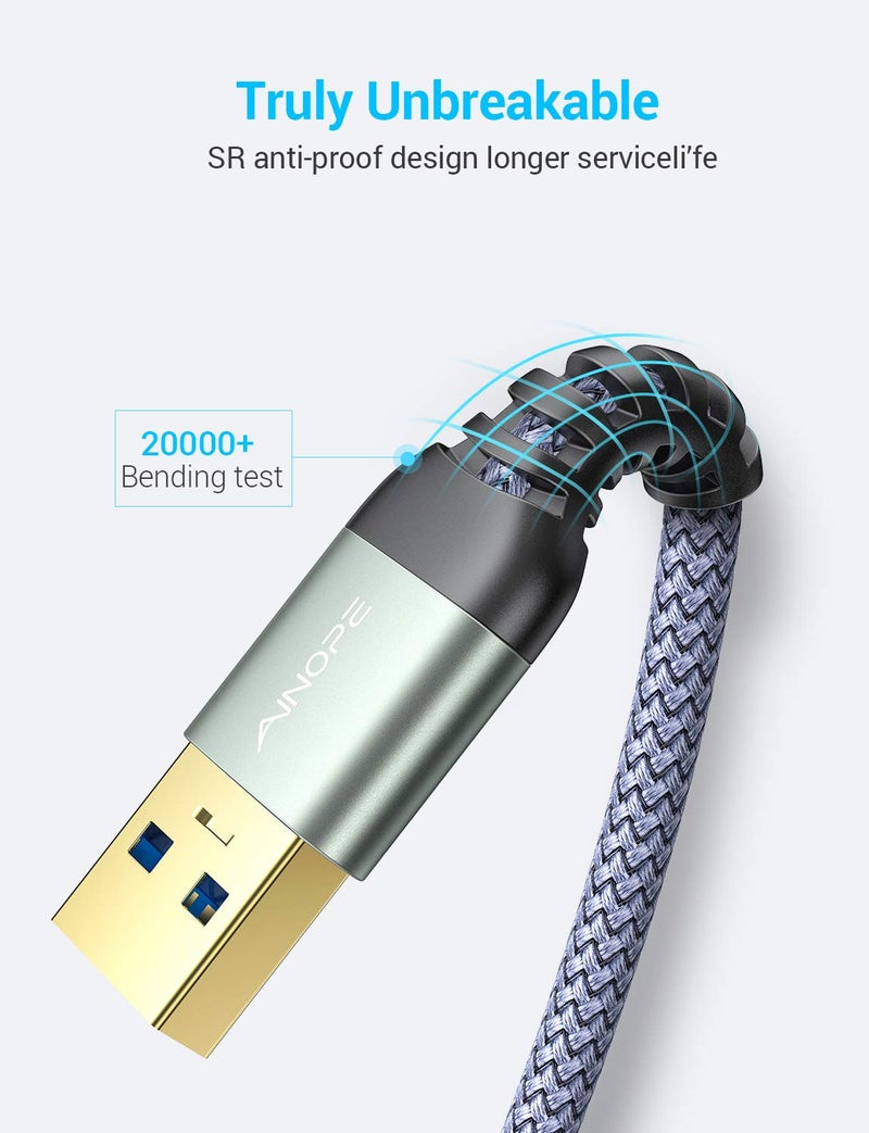 AINOPE 2 Pack USB Extensions Cable High Speed USB 3.0 Extension Cord Type A Male to Female Sturdy Braided Material Fast Data Transfer Compatible with USB Keyboard,Mouse,Flash Drive,Grey,3.3FT+6.6FT - Image 2
