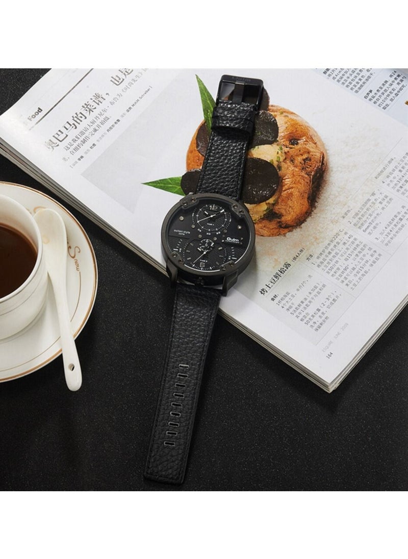 Oulm Oulm Men's Casual Sports Watches Unique Design Big Watch Male Leather Strap Quartz Clock Double Time Zone Men Luxury Wristwatch  - Image 4
