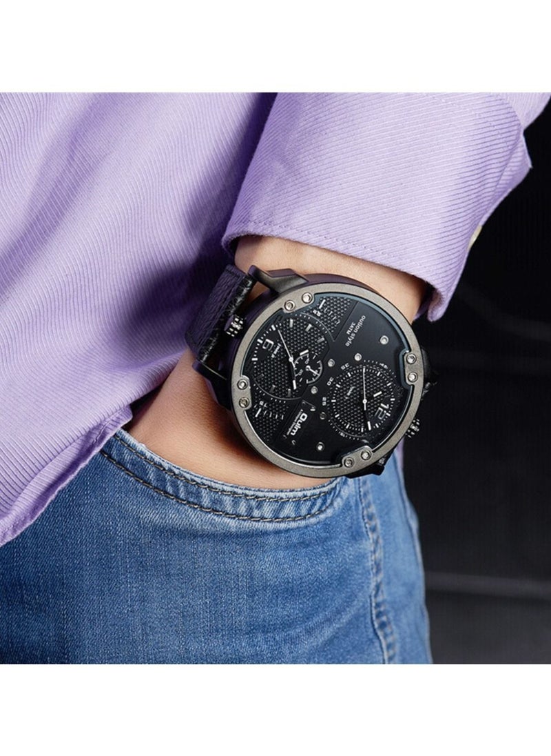 Oulm Oulm Men's Casual Sports Watches Unique Design Big Watch Male Leather Strap Quartz Clock Double Time Zone Men Luxury Wristwatch  - Image 3