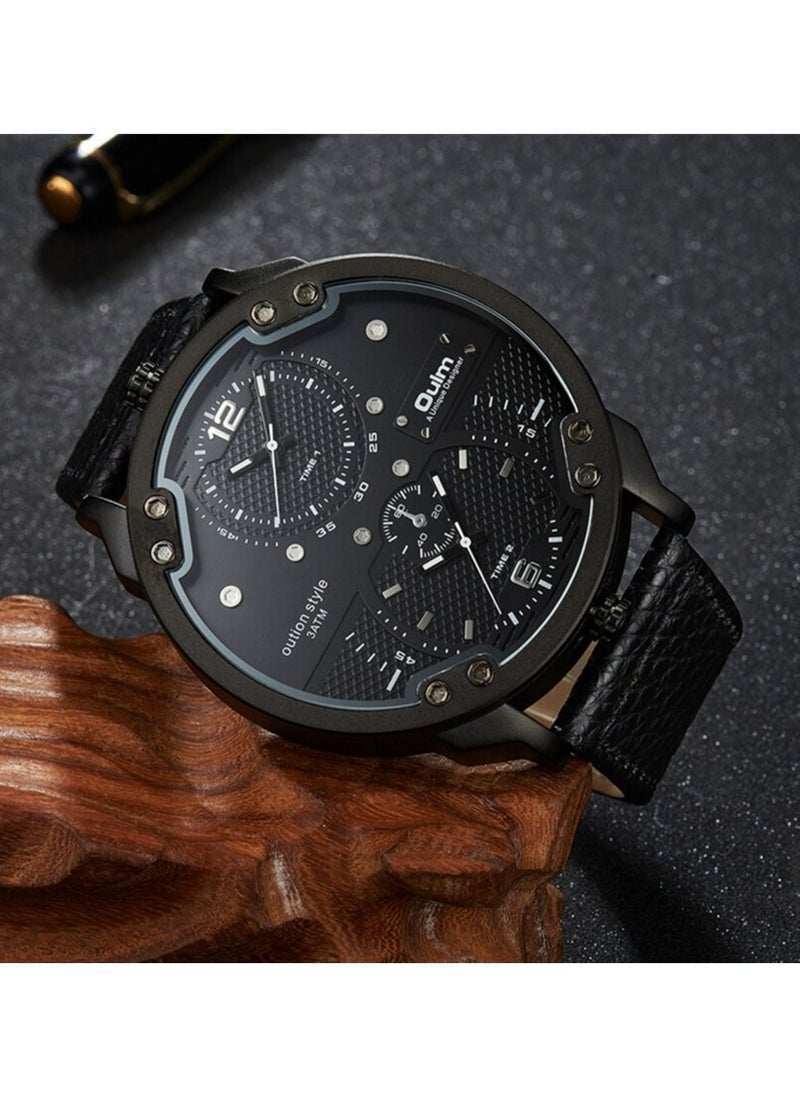 Oulm Oulm Men's Casual Sports Watches Unique Design Big Watch Male Leather Strap Quartz Clock Double Time Zone Men Luxury Wristwatch  - Image 1
