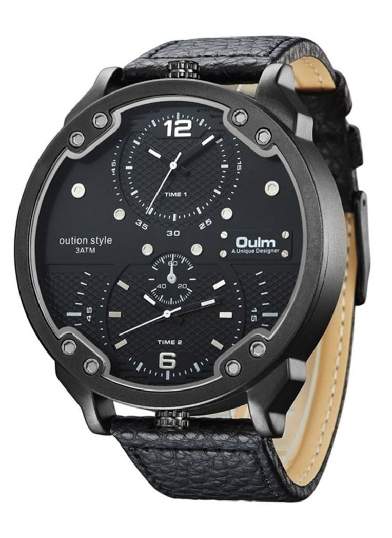 Oulm Oulm Men's Casual Sports Watches Unique Design Big Watch Male Leather Strap Quartz Clock Double Time Zone Men Luxury Wristwatch  - Image 2