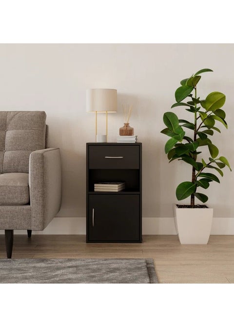 Wooden chest of drawers with 2 shelves, a drawer, and a door, providing versatile storage space. / Chest of drawers / Table / Wooden unit