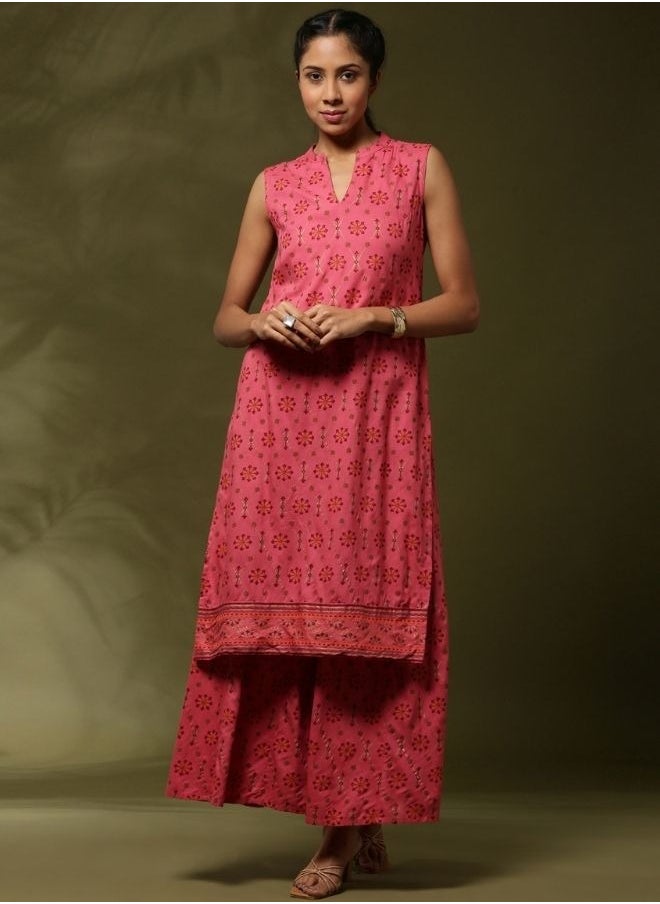 Abhishti Geometric floral printed 2pc kurta set-coral  - Image 1