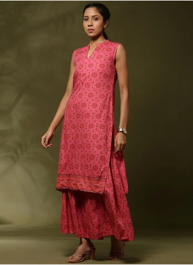 Abhishti Geometric floral printed 2pc kurta set-coral