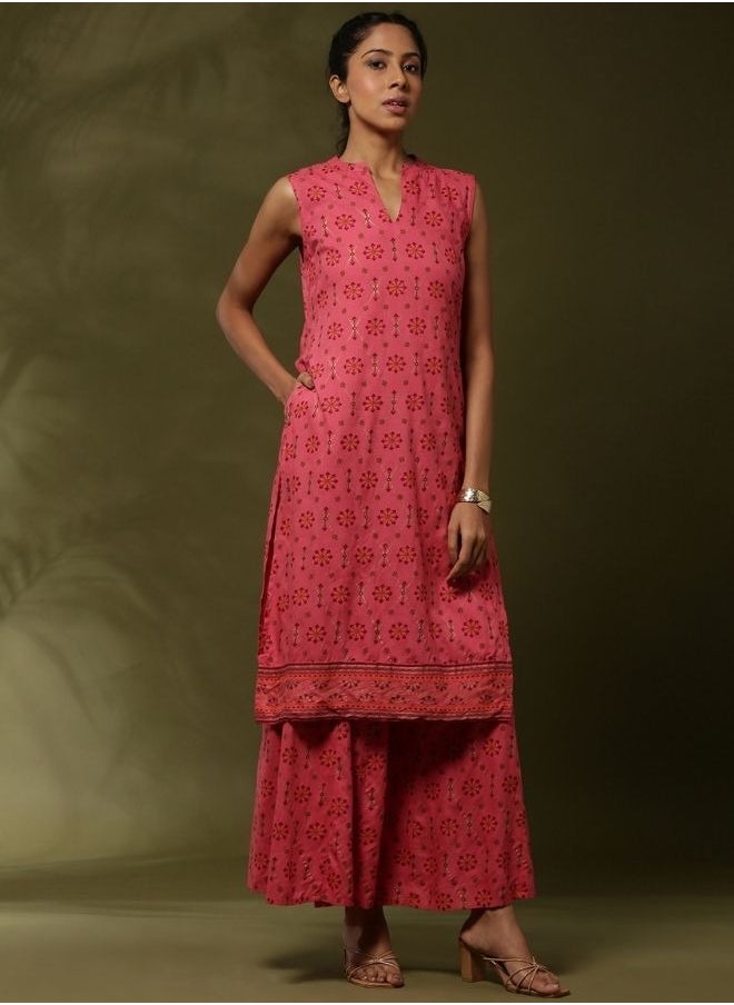 Abhishti Geometric floral printed 2pc kurta set-coral  - Image 4