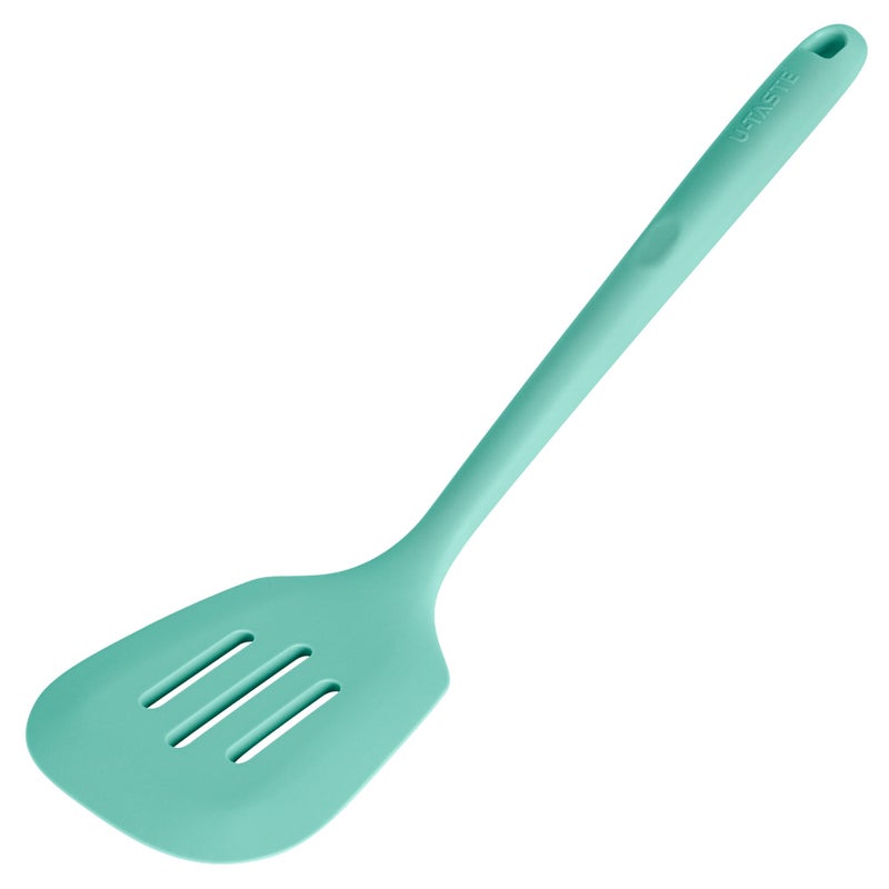 U-Taste 13.6" Slotted Silicone Turner: U-Taste 600ÂºF Heat Resistant Kitchen Spatula Flipper, Food Grade Flexible Wide Seamless Rubber Cooking Utensil for Egg, Omelette, Burger in Nonstick Cookware (Aqua Sky) - Image 1