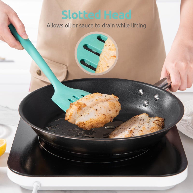 U-Taste 13.6" Slotted Silicone Turner: U-Taste 600ÂºF Heat Resistant Kitchen Spatula Flipper, Food Grade Flexible Wide Seamless Rubber Cooking Utensil for Egg, Omelette, Burger in Nonstick Cookware (Aqua Sky) - Image 4