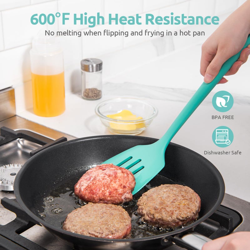 U-Taste 13.6" Slotted Silicone Turner: U-Taste 600ÂºF Heat Resistant Kitchen Spatula Flipper, Food Grade Flexible Wide Seamless Rubber Cooking Utensil for Egg, Omelette, Burger in Nonstick Cookware (Aqua Sky) - Image 3