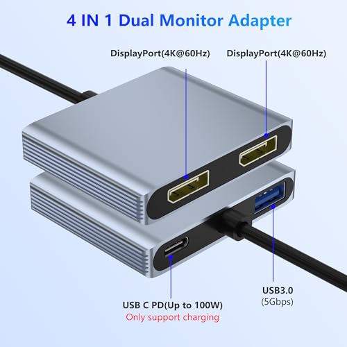 Closs DisplayPort Splitter for Dual Monitors, 4K@60Hz USB-C to DisplayPort Adapter, Type-C Docking Station for Dell/HP/Mac, Display Port MST Hub with USB3.0/PD, Display Port Splitter for Dual Monitors - Image 5