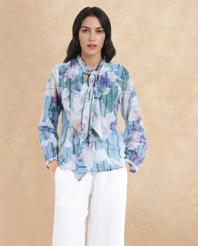 Rareism Women's Abstract Floral Stripe Top