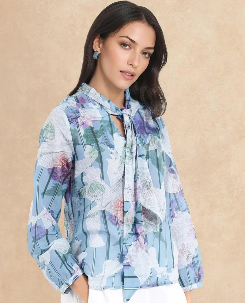 Rareism Women's Abstract Floral Stripe Top