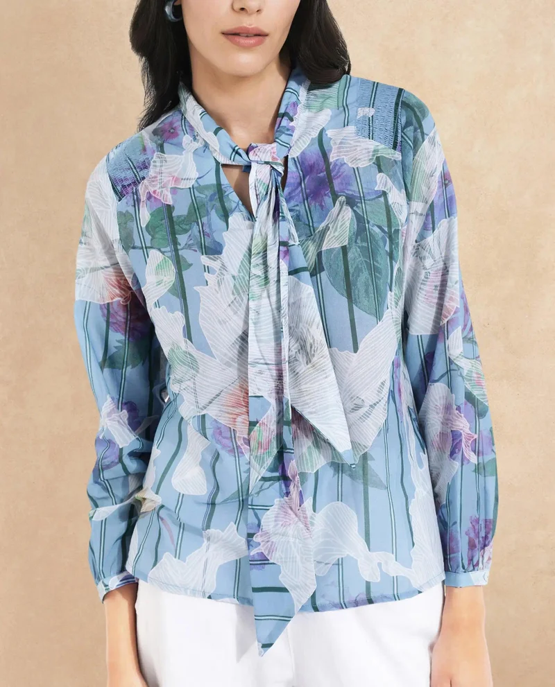 Rareism Women's Abstract Floral Stripe Top