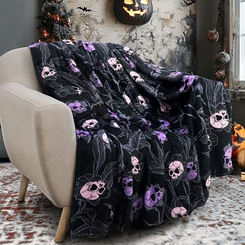 Roszwtit Halloween Goth Skull Throw Blanket 50x60 Inch Gothic Skeleton Blankets Soft Lightweight Cozy Plush Blanket for Halloween Decor Gifts - Image 1