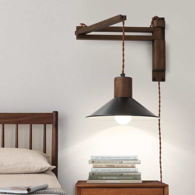 maesta Wood Plug in Wall Sconces, Swing Arm Wall Lamp with Dimmable On Off Switch, 8.6 inch Vintage Wall Mounted Light Fixture with Cord for Bedroom Nightstand Bedside Reading Lamp - Bulb Included - Image 1
