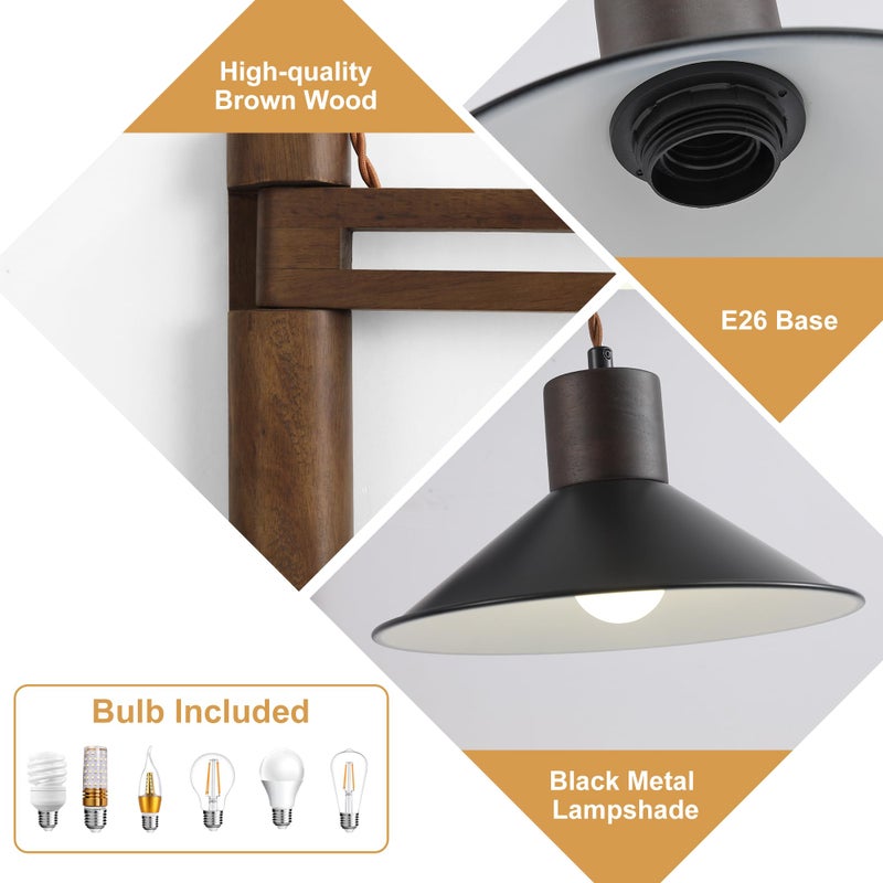 maesta Wood Plug in Wall Sconces, Swing Arm Wall Lamp with Dimmable On Off Switch, 8.6 inch Vintage Wall Mounted Light Fixture with Cord for Bedroom Nightstand Bedside Reading Lamp - Bulb Included - Image 5