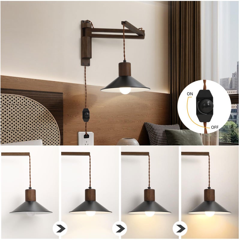 maesta Wood Plug in Wall Sconces, Swing Arm Wall Lamp with Dimmable On Off Switch, 8.6 inch Vintage Wall Mounted Light Fixture with Cord for Bedroom Nightstand Bedside Reading Lamp - Bulb Included - Image 4