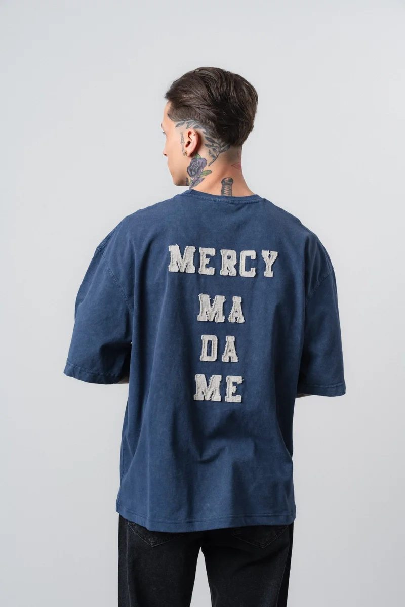 Respire Men's Mercy Embroidered Washed Oversize T-Shirt Navy Blue
