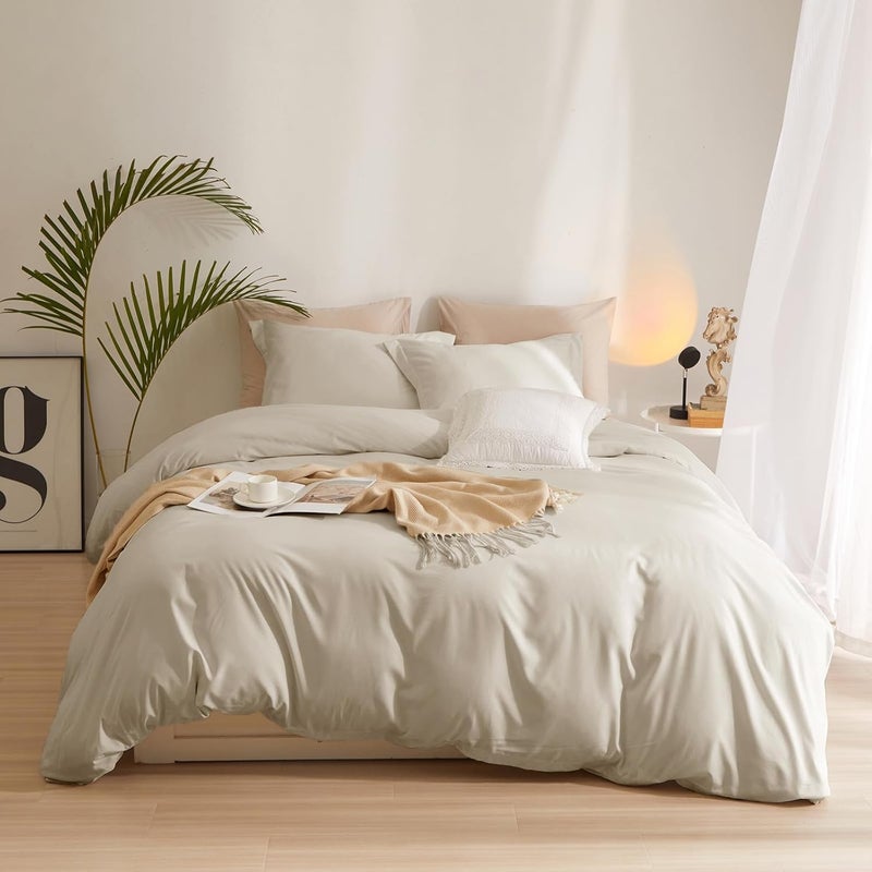 AMWAN Beige Duvet Cover Queen Size Soft Microfiber Queen Duvet Cover Beige Tan Bedding Set 3 Pieces Comforter Cover 1 Duvet Cover 90”x90” with 2 Pillowcases Linen Beige Duvet Cover with Zipper Closure - Image 1