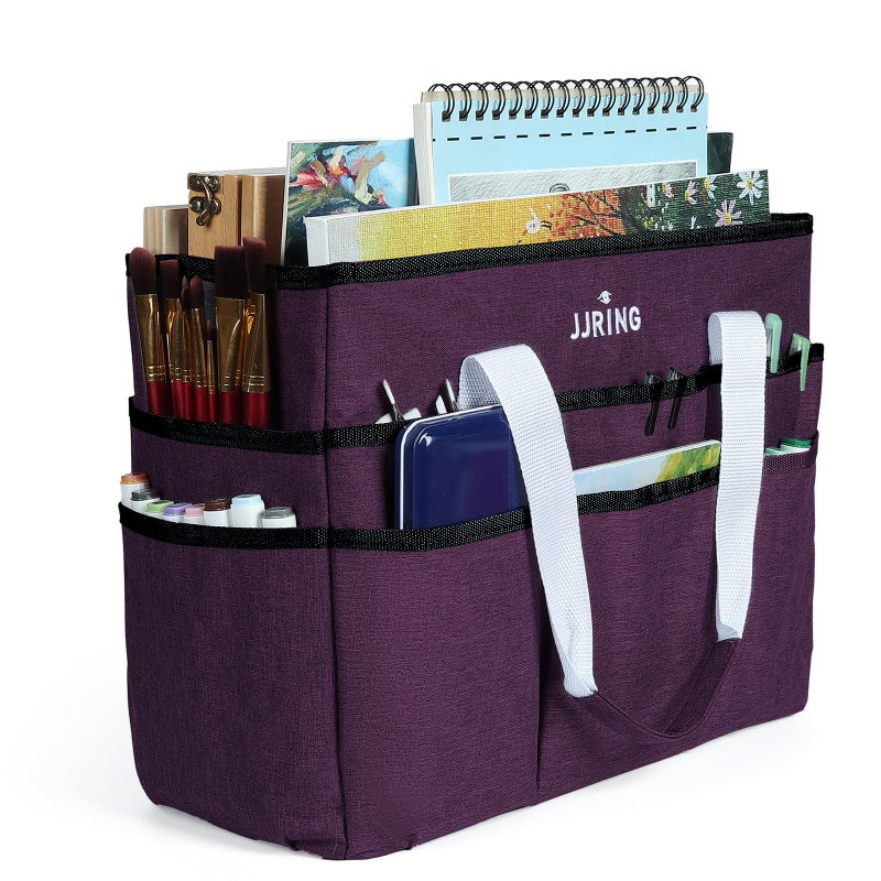 JJRING Craft Organizer Tote Bag Large Art Storage Caddy with Multiple Pockets Deep Purple Sewing Bag for Art Craft Scrapbooking Medical and Office Supplies Storage