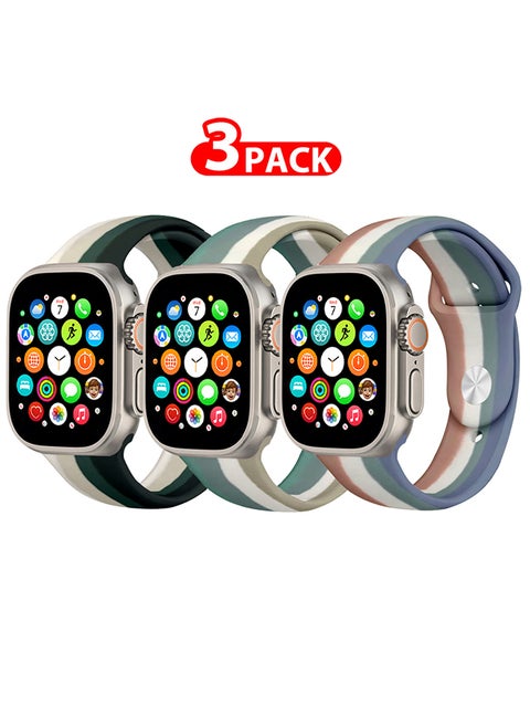 3 Pack For Apple Watch Band 49mm 45mm 44mm 42mm Stripe Silicone Replacement Band for iWatch Ultra2 Ultra Series 9/8/7/SE/6/5/4/3/2/1