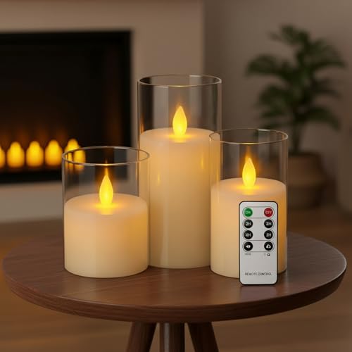 coku Set of 3 Flameless LED Pillar Candles with Remote, Realistic Flickering Moving Flame, Battery Operated, Smokeless Safe Decorative Candles Gift for Home, Wedding, Diwali, Christmas - Image 1