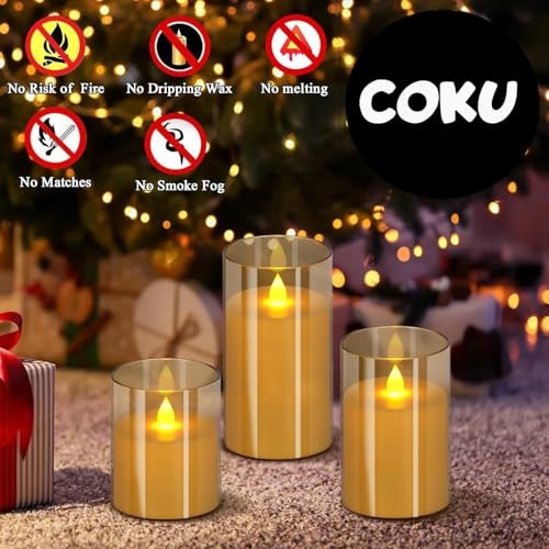 coku Set of 3 Flameless LED Pillar Candles with Remote, Realistic Flickering Moving Flame, Battery Operated, Smokeless Safe Decorative Candles Gift for Home, Wedding, Diwali, Christmas - Image 2