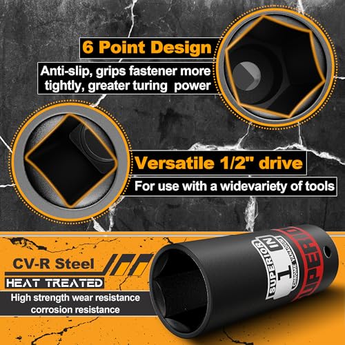 Aiourx 12 Piece 1/2" Drive Deep Impact Socket Set, 3/8" to 1", SAE, 6 points, CR-V Material, Cars, Motorcycles, Tire Changes - Image 3