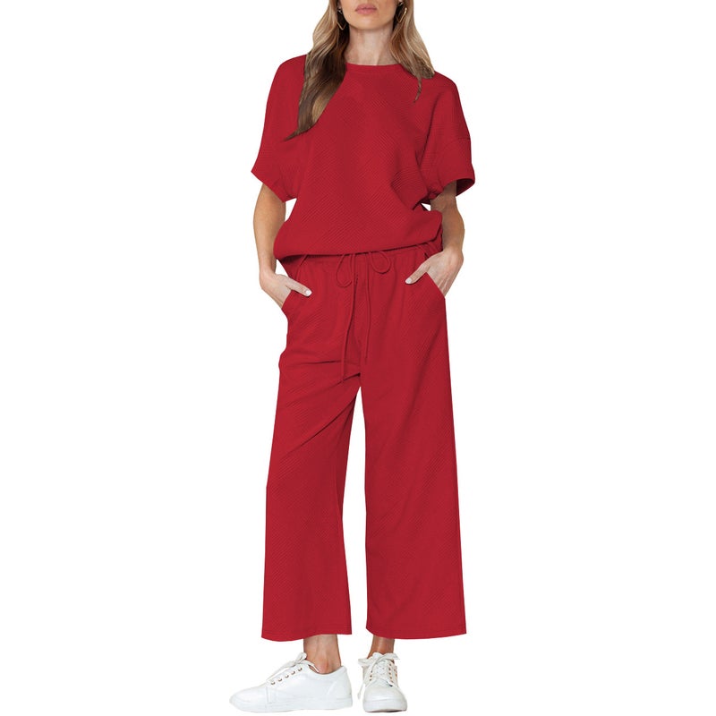 Q24S8523 cross-border European and American womens clothing Amazon summer fashion casual crew neck short sleeve pants two-piece set Red