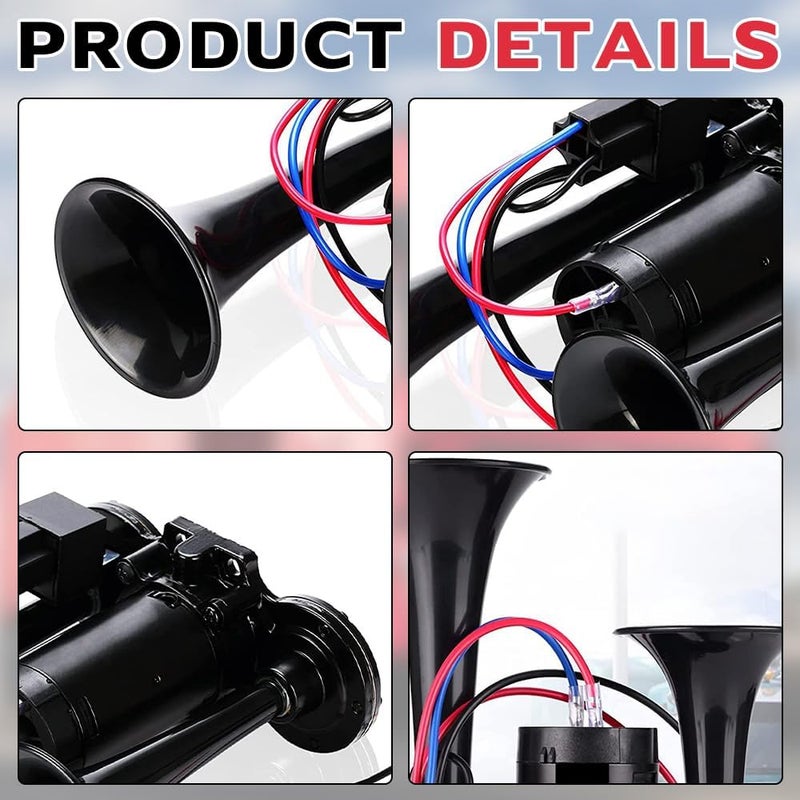 Gobesty 12 V 150 dB Truck Horn, Super Powerful Car Horn, Double Tube Air Horn Kit with Compressor for 12 V Vehicles Lorrys Trucks Trains Boats Cars, Black Wide range usage design - Image 3