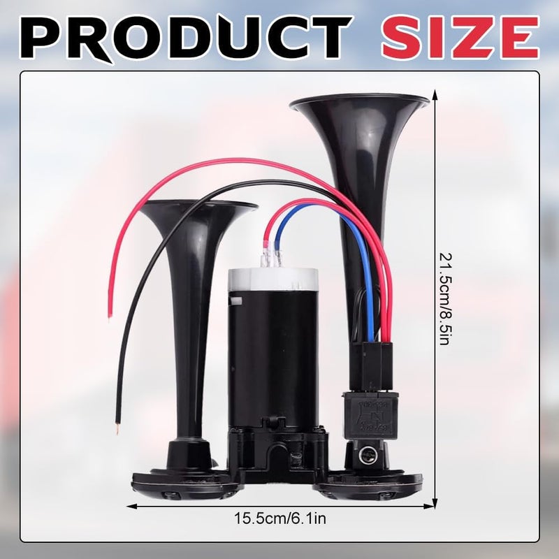 Gobesty 12 V 150 dB Truck Horn, Super Powerful Car Horn, Double Tube Air Horn Kit with Compressor for 12 V Vehicles Lorrys Trucks Trains Boats Cars, Black Wide range usage design - Image 2
