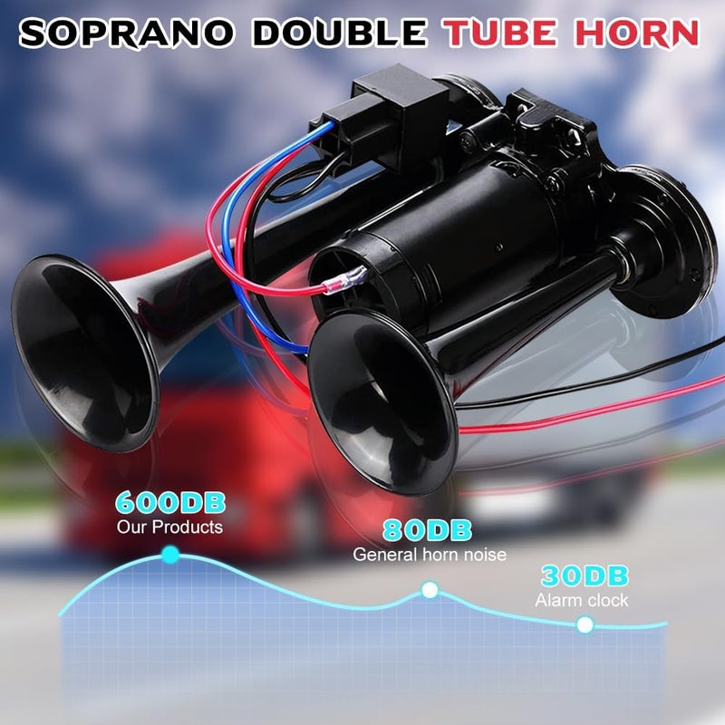 Gobesty 12 V 150 dB Truck Horn, Super Powerful Car Horn, Double Tube Air Horn Kit with Compressor for 12 V Vehicles Lorrys Trucks Trains Boats Cars, Black Wide range usage design - Image 5