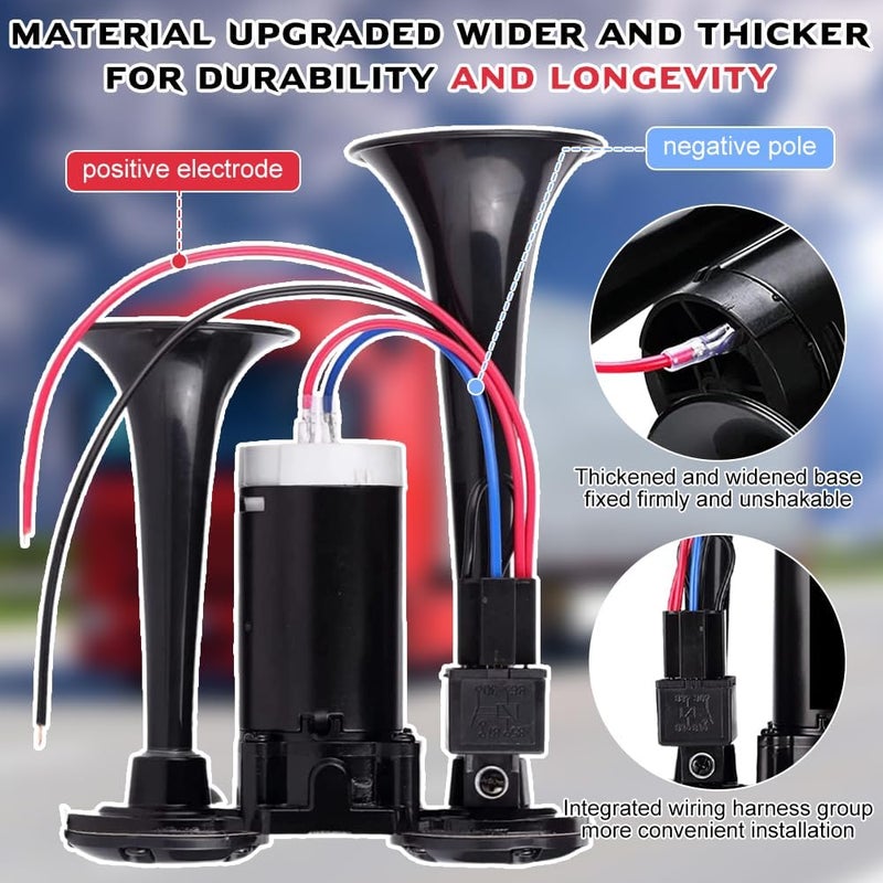 Gobesty 12 V 150 dB Truck Horn, Super Powerful Car Horn, Double Tube Air Horn Kit with Compressor for 12 V Vehicles Lorrys Trucks Trains Boats Cars, Black Wide range usage design - Image 4