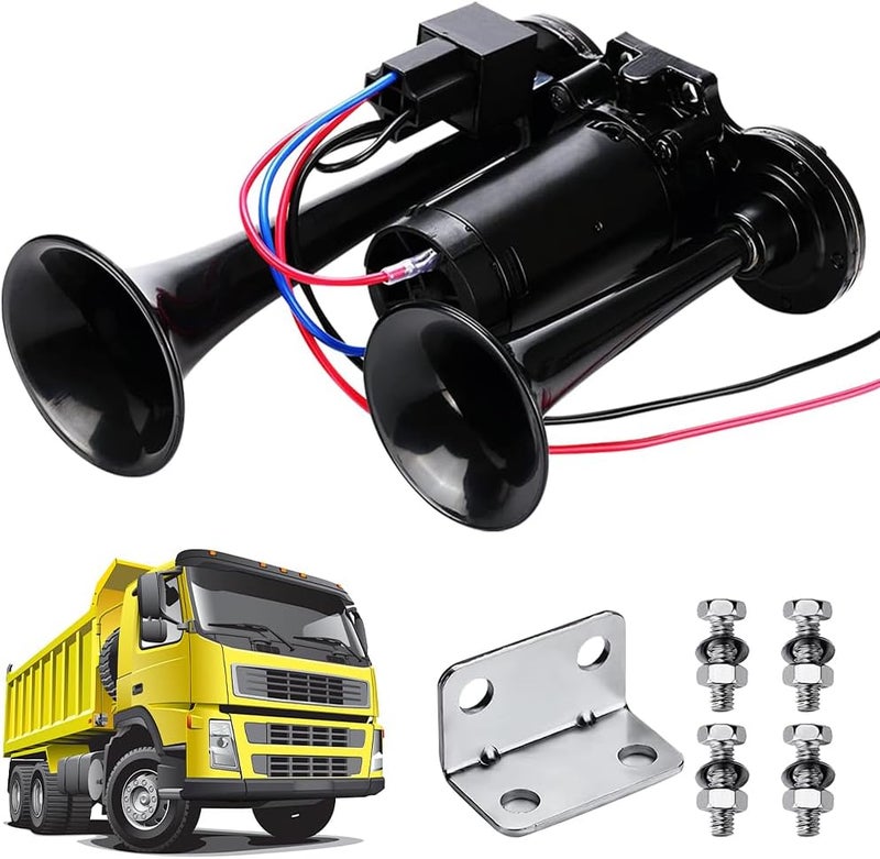 Gobesty 12 V 150 dB Truck Horn, Super Powerful Car Horn, Double Tube Air Horn Kit with Compressor for 12 V Vehicles Lorrys Trucks Trains Boats Cars, Black Wide range usage design - Image 1