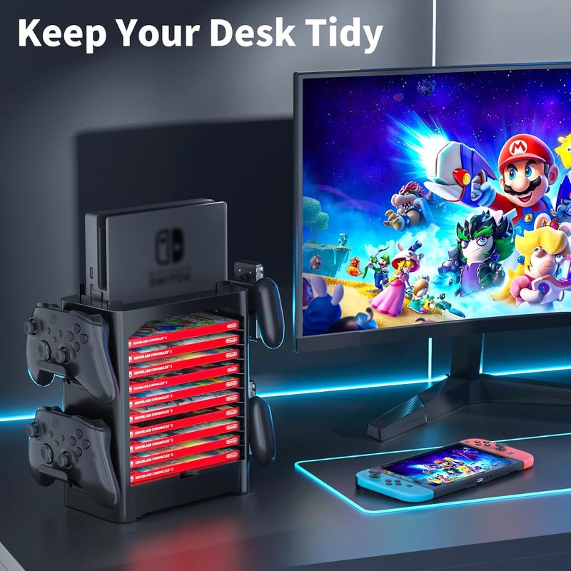 برج تخزين أقراص الألعاب متعدد الوظائف لجهاز Nintendo Switch/OLED، محطة تنظيم تحتوي على 10 فتحات لأغلفة الألعاب، حامل وحدات التحكم مع 4 حاملات لوحدات التحكم ودرج Joy-Con لإكسسوارات Switch - Image 5