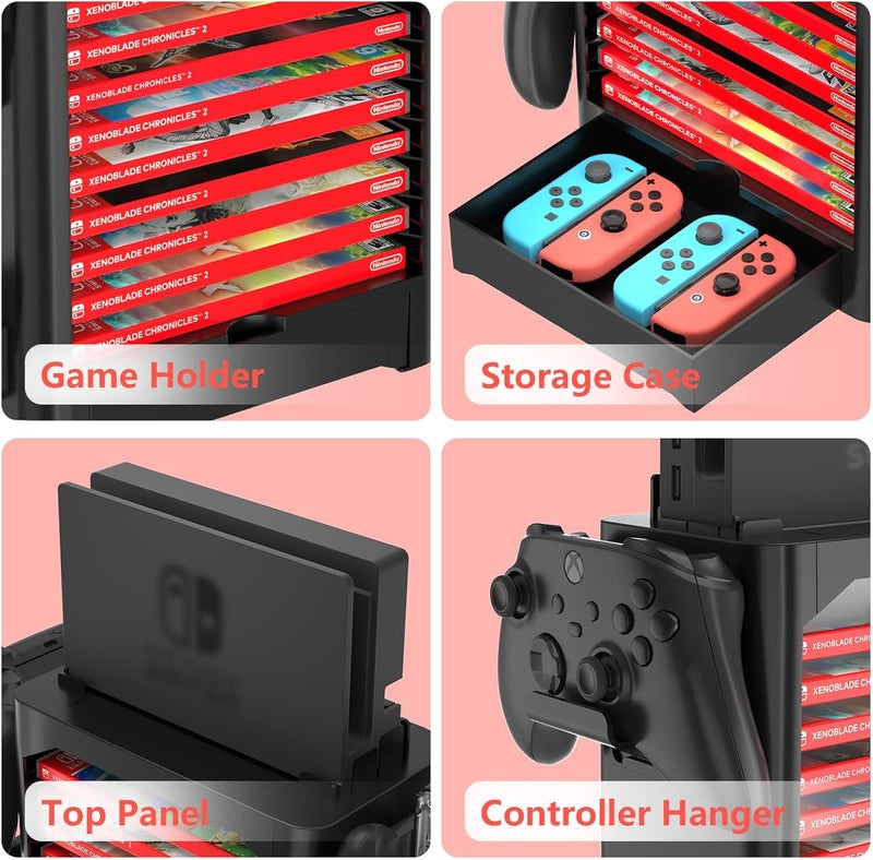 برج تخزين أقراص الألعاب متعدد الوظائف لجهاز Nintendo Switch/OLED، محطة تنظيم تحتوي على 10 فتحات لأغلفة الألعاب، حامل وحدات التحكم مع 4 حاملات لوحدات التحكم ودرج Joy-Con لإكسسوارات Switch - Image 3