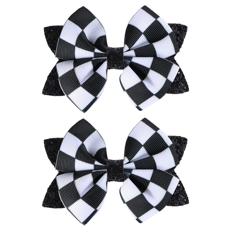 Miroksh Glitter Racing Checkered Flag Hair Bows Clips 4 inch Black White Buffalo Plaid Ribbon Pigtail Alligator Barrettes Kids Race Fan CarThemed Birthday Party Gift Accessories