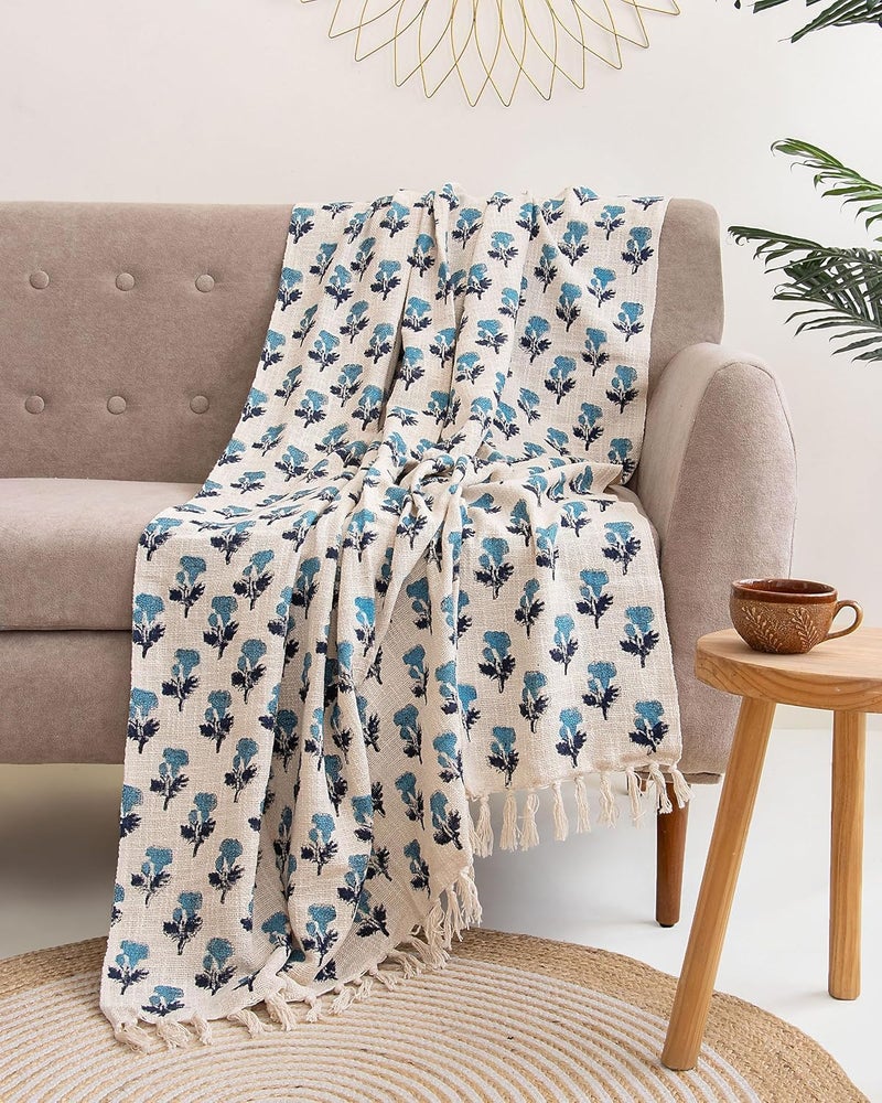 DMAASA Handmade Cotton Hand Block Floral Print Throw Blanket for Sofa Couch & Sofa, Car, 50x60 Inches (Multi-Color_07)-350 TC - Image 1