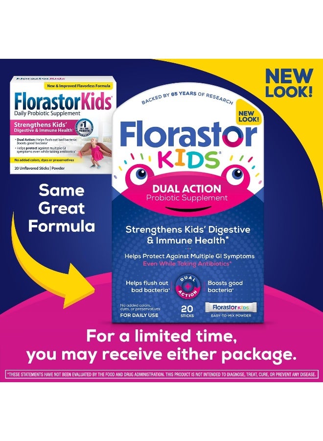Florastor Florastor Kids Dual Action Probiotic Supplement, Strengthens Kids' Digestive & Immune Health, 20 Easy-to Mix Powder Sticks, Packaging May Vary  - Image 2