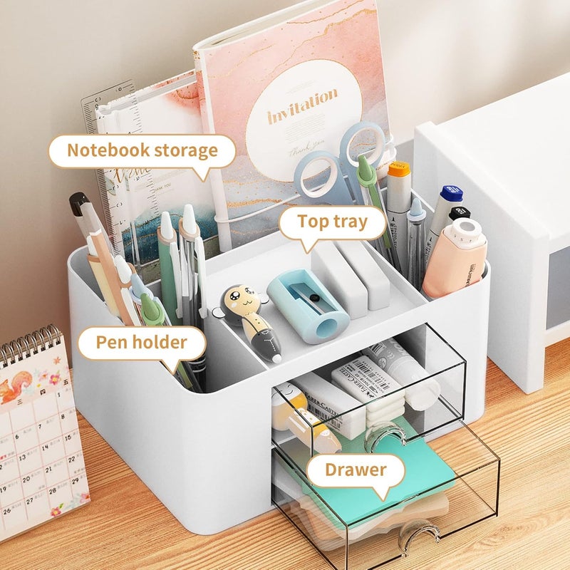 SAGREENY Modern White Desk Organizer with Drawer, Multi-Functional Pen Pencil Holder Storage Box for Desk, 5 Compartments + 2 Drawers, Office Art Supplies - Image 2