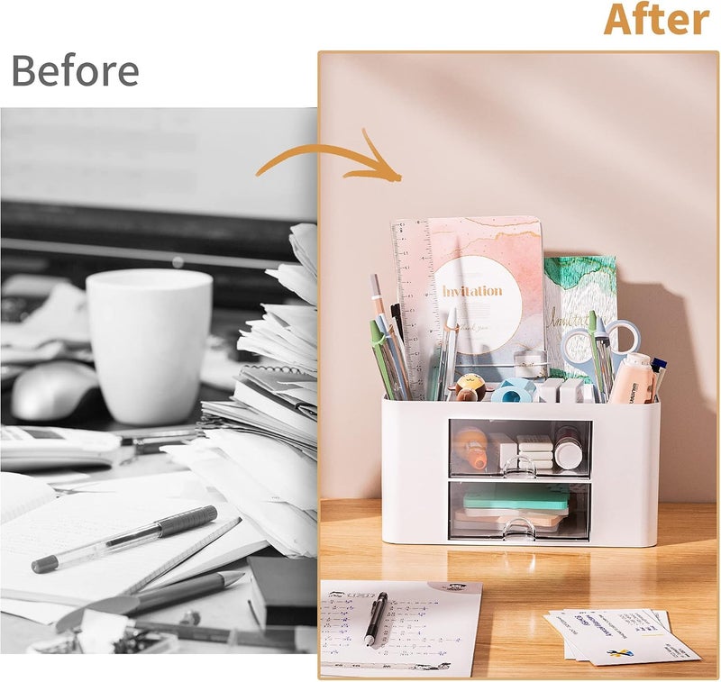 SAGREENY Modern White Desk Organizer with Drawer, Multi-Functional Pen Pencil Holder Storage Box for Desk, 5 Compartments + 2 Drawers, Office Art Supplies - Image 5