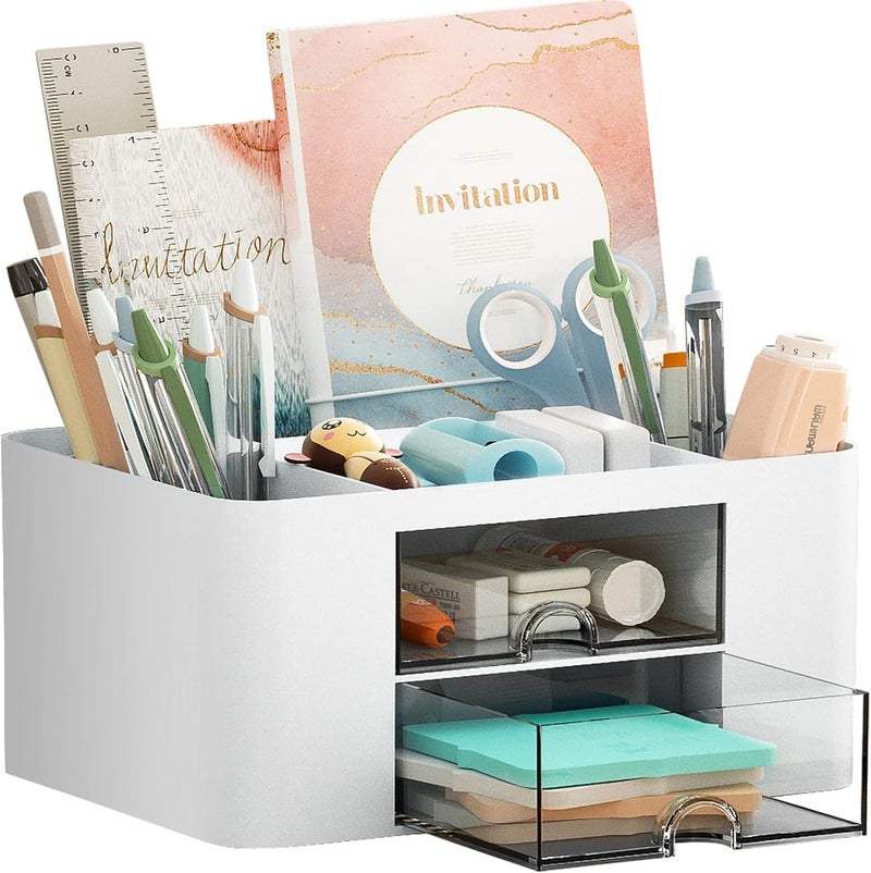 SAGREENY Modern White Desk Organizer with Drawer, Multi-Functional Pen Pencil Holder Storage Box for Desk, 5 Compartments + 2 Drawers, Office Art Supplies - Image 1